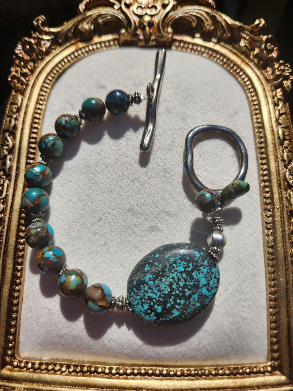 Chunky Turquoise Statement Bracelet with Silver Accents  Boho Country Western